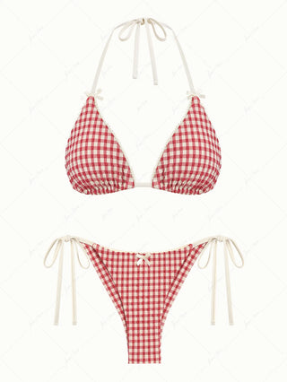 Pomegranate Red Gingham Triangle Top & Cheeky Brazilian Bottom Bikini Set