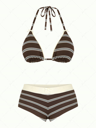 Deep Coffee Striped Lace Bowknot Triangle Top & Two-way Cheeky Boyshorts Bikini Set