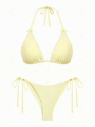 Light Yellow Textured Knit Fabric Triangle Top & Cheeky Brazilian Bottom Bikini Set