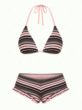 Pink Ribbed Knit Striped Triangle Cheeky Boyshorts Bikini Set