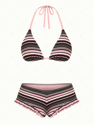 Pink Ribbed Knit Striped Triangle Cheeky Boyshorts Bikini Set