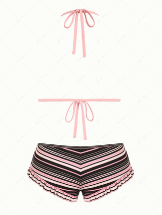 Pink Ribbed Knit Striped Triangle Cheeky Boyshorts Bikini Set