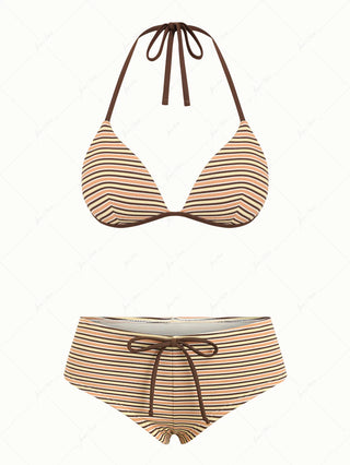 Yellow Ribbed Knit Striped Triangle Push Up Top & Cheeky Boyshorts Bikini Set