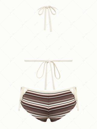 Deep Coffee Ribbed Striped Triangle Push Up Top & Cheeky Boyshorts Bikini Set