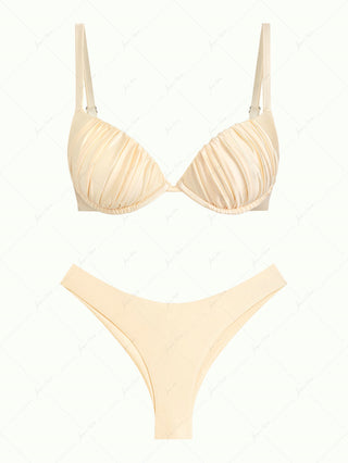 Champagne Satin Ruched Underwire Push Up Top & Cheeky Brazilian Bottom Bikini Set