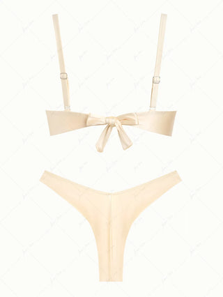 Champagne Satin Ruched Underwire Push Up Top & Cheeky Brazilian Bottom Bikini Set