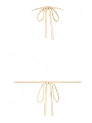 Champagne Satin Solid Color Ruched Halter Triangle Bikini Top
