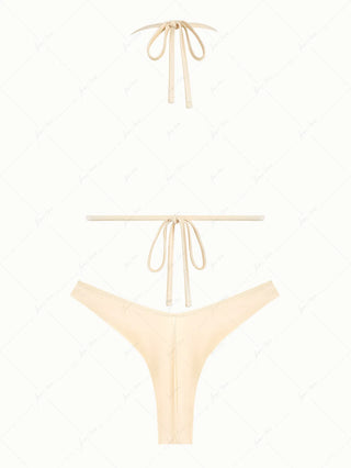 Champagne Satin Solid Color Ruched Triangle Top & Cheeky Brazilian Bottom Bikini Set