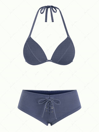 Deep Blue Denim Fabric Triangle Push Up Top & Cheeky Boyshorts Bikini Set