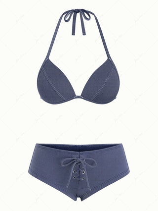 Deep Blue Denim Fabric Triangle Push Up Top & Cheeky Boyshorts Bikini Set