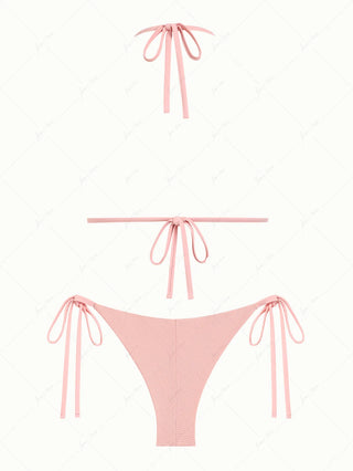 Pink Textured Knit Fabric Halter Triangle Top & Cheeky Brazilian Bottom Bikini Set