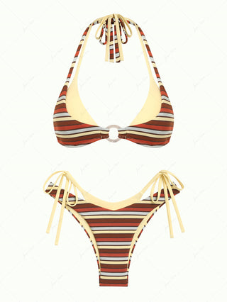 Yellow Contrast Color Ribbed Knit Striped O Ring Double Layer Bikini Set