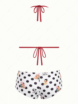 White Polka Dot Animal Print Bowknot Triangle Cheeky Boyshorts Bikini Set