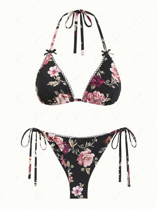 Black Floral Leaf Print Triangle Top & Cheeky Brazilian Bottom Bikini Set