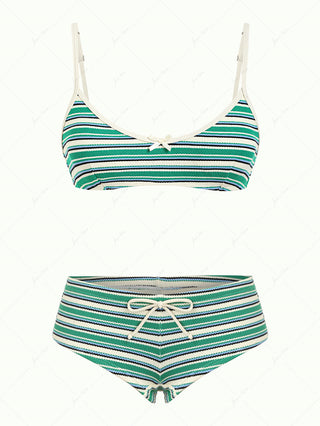 Green Textured Striped Bowknot Contrast Binding Cheeky Boyshorts Bikini Set