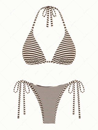Brown Knit Striped Halter Triangle String Reversible Bikini Set