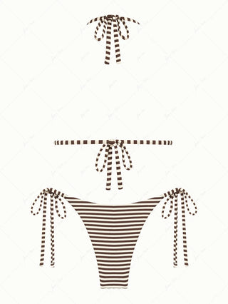 Brown Knit Striped Halter Triangle String Reversible Bikini Set
