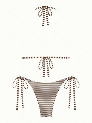Brown Knit Striped Halter Triangle String Reversible Bikini Set