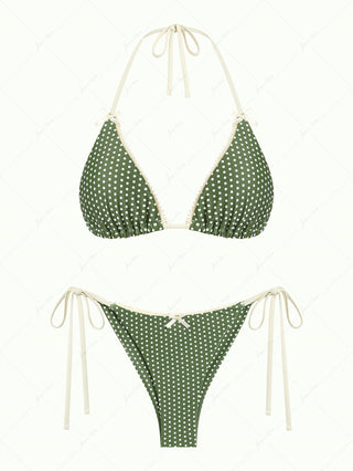 Plant Green Polka Dot Lace Bowknot Triangle Top & Cheeky Brazilian Bottom Bikini Set