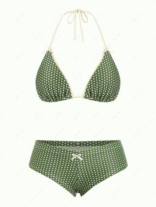 Plant Green Polka Dot Lace Bowknot Halter Triangle Cheeky Boyshorts Bikini Set