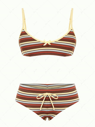Yellow Striped Bowknot Tank Style Cheeky Boyshorts Bikini Set