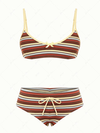 Yellow Striped Bowknot Tank Style Cheeky Boyshorts Bikini Set