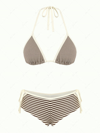 Brown Ribbed Knit Striped Contrast Binding Cheeky Boyshorts Bikini Set