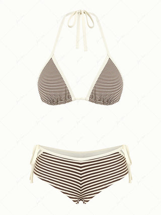 Brown Ribbed Knit Striped Contrast Binding Cheeky Boyshorts Bikini Set