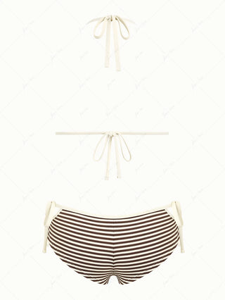 Brown Ribbed Knit Striped Contrast Binding Cheeky Boyshorts Bikini Set
