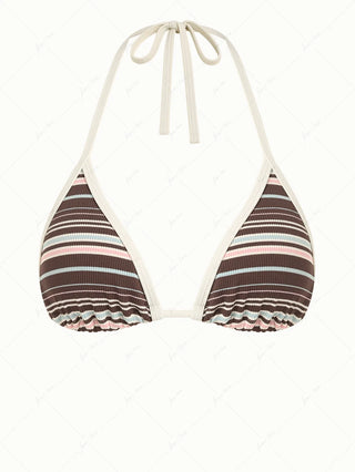 Deep Coffee Ribbed Knit Striped Contrast Binding Halter Triangle Bikini Top