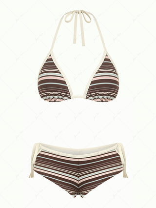 Deep Coffee Ribbed Striped Contrast Binding Triangle Top & Cheeky Boyshorts Bikini Set