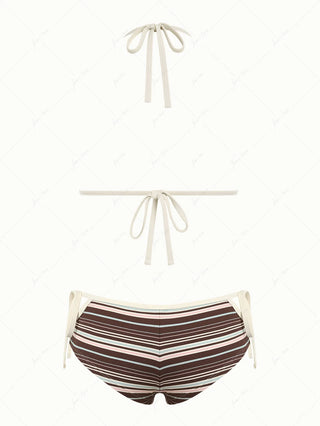 Deep Coffee Ribbed Striped Contrast Binding Triangle Top & Cheeky Boyshorts Bikini Set