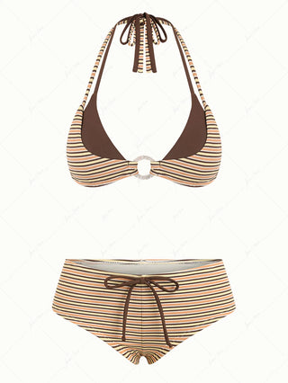 Yellow Ribbed Striped O Ring Double Layer Top & Cheeky Boyshorts Bikini Set