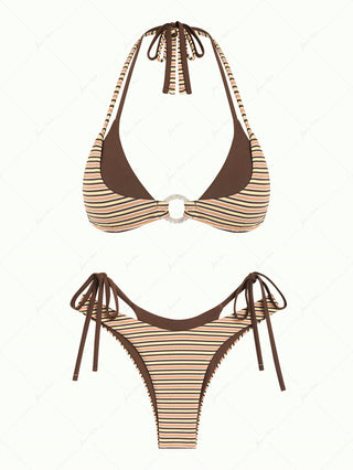 Yellow Contrast Color Ribbed Striped O Ring Double Layer Bikini Set