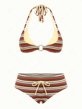 Yellow Ribbed Knit Striped O Ring Double Layer Top & Cheeky Boyshorts Bikini Set