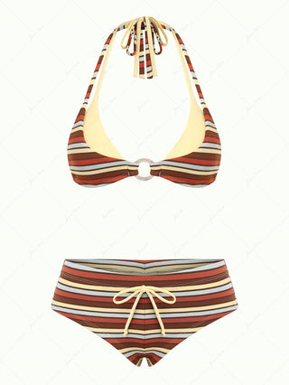 Yellow Ribbed Knit Striped O Ring Double Layer Top & Cheeky Boyshorts Bikini Set