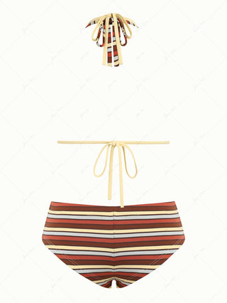 Yellow Ribbed Knit Striped O Ring Double Layer Top & Cheeky Boyshorts Bikini Set