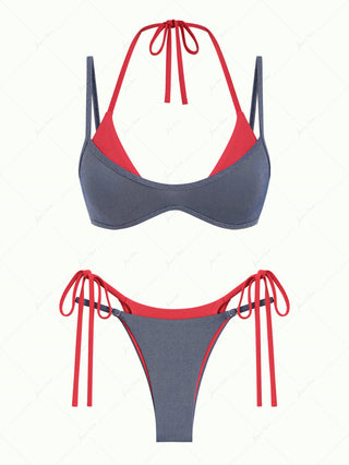 Deep Blue Denim Contrast Color String Double Layer Bikini Set