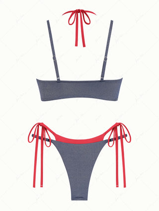 Deep Blue Denim Contrast Color String Double Layer Bikini Set