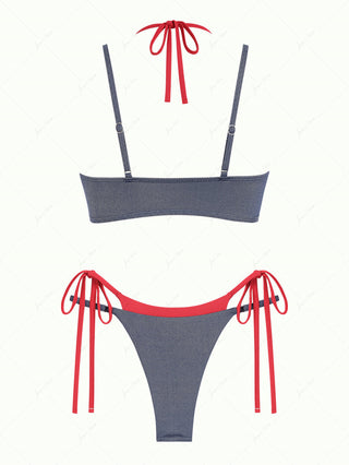 Deep Blue Denim Contrast Color String Double Layer Bikini Set