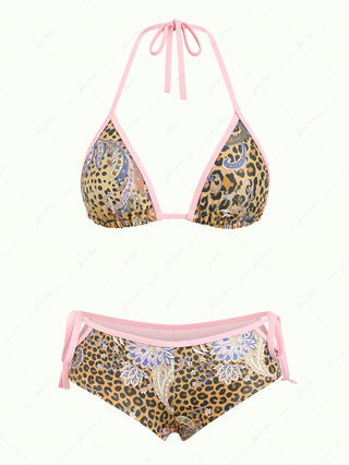 Brown Leopard Paisley Print Contrast Binding Cheeky Boyshorts Bikini Set