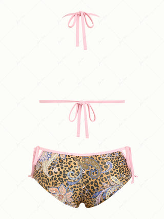 Brown Leopard Paisley Print Contrast Binding Cheeky Boyshorts Bikini Set