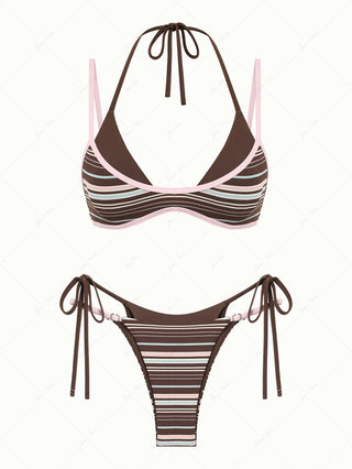 Deep Coffee Ribbed Knit Striped Contrast Binding Double Layer Bikini Set