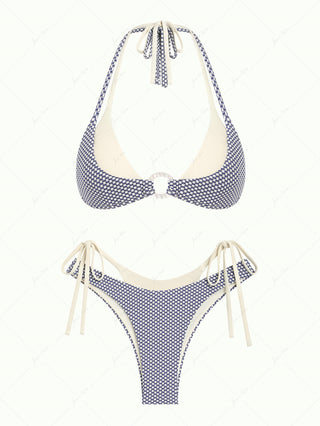 Deep Blue Contrast Color Polka Dot O Ring Double Layer Bikini Set