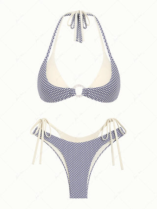 Deep Blue Contrast Color Polka Dot O Ring Double Layer Bikini Set