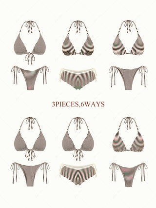 Brown Knit Striped Halter Triangle String Reversible Bikini Set