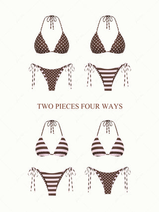 Pink Striped Polka Dot Print Reversible Triangle Top & Cheeky Brazilian Bottom Bikini Set