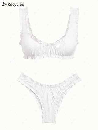 White Recycled Fabric Jacquard Ruffles Edge Bralette Bikini Set
