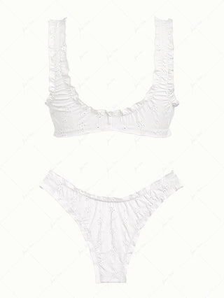 White Recycled Fabric Jacquard Ruffles Edge Bralette Bikini Set