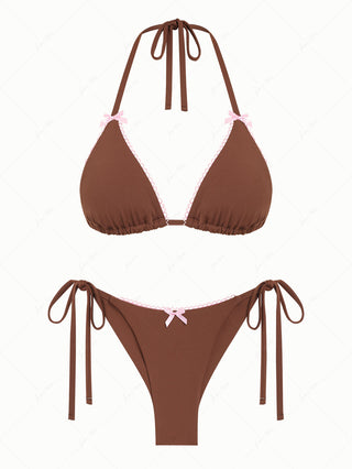 Coffee Contrast Picot Bowknot Halter Triangle Top & Cheeky Brazilian Bottom Bikini Set